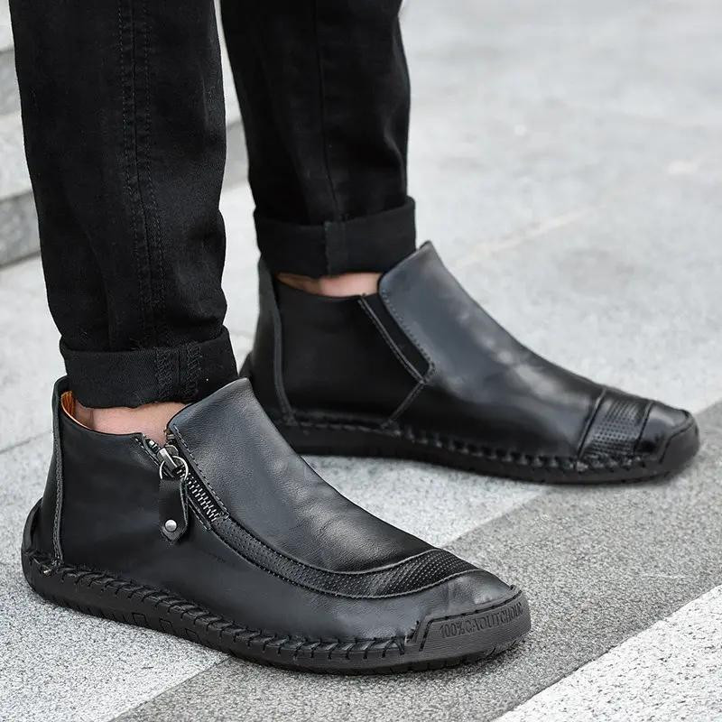 Men Leather Hand Stitching Side Zipper Comfy Soft Ankle Boots-burnzay
