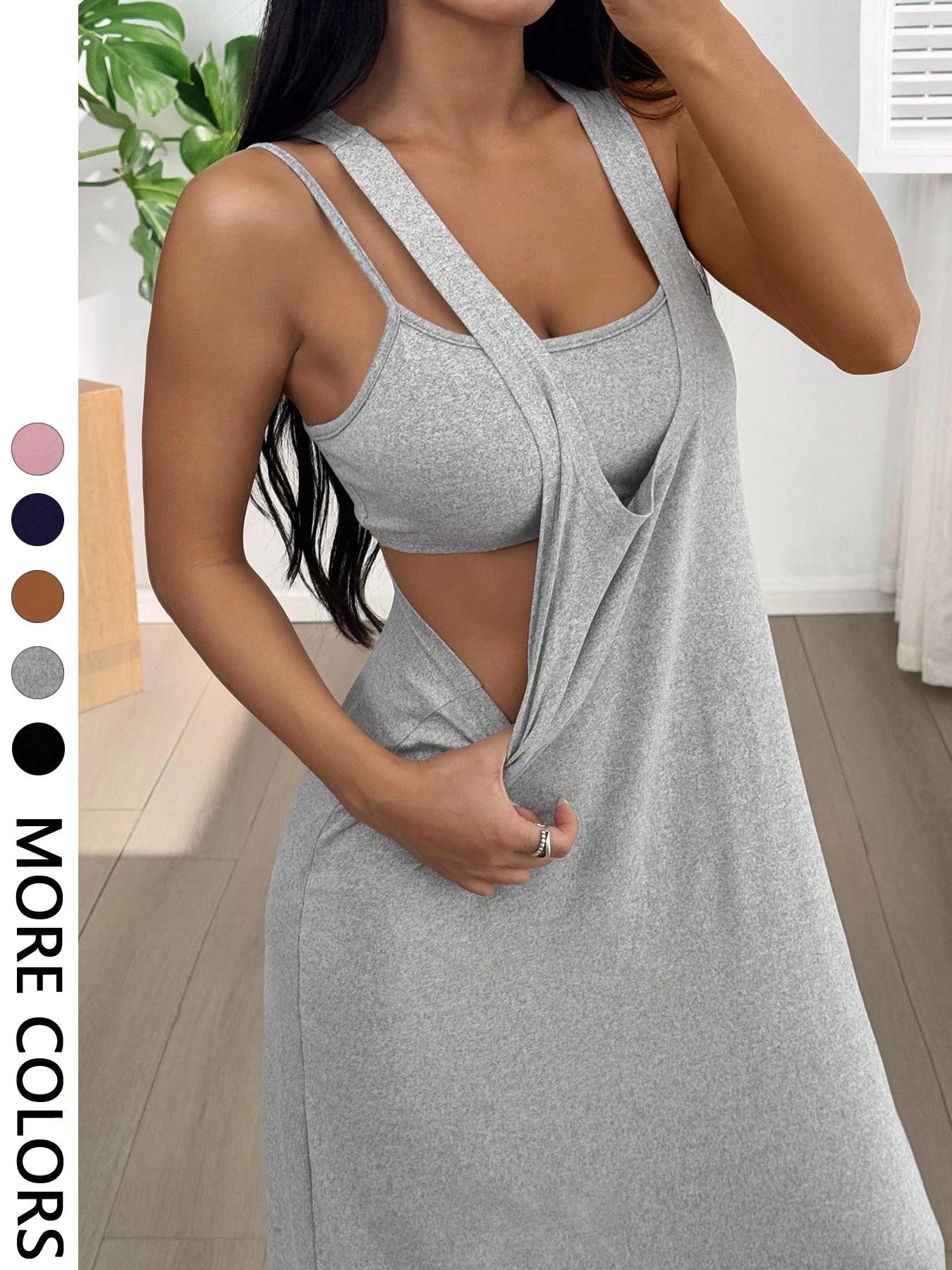 Women's 2pcs Heather solid color Tank Top & Cutout Maxi Dress Set , Soft Stretchy Fabric & Double-Strap Design