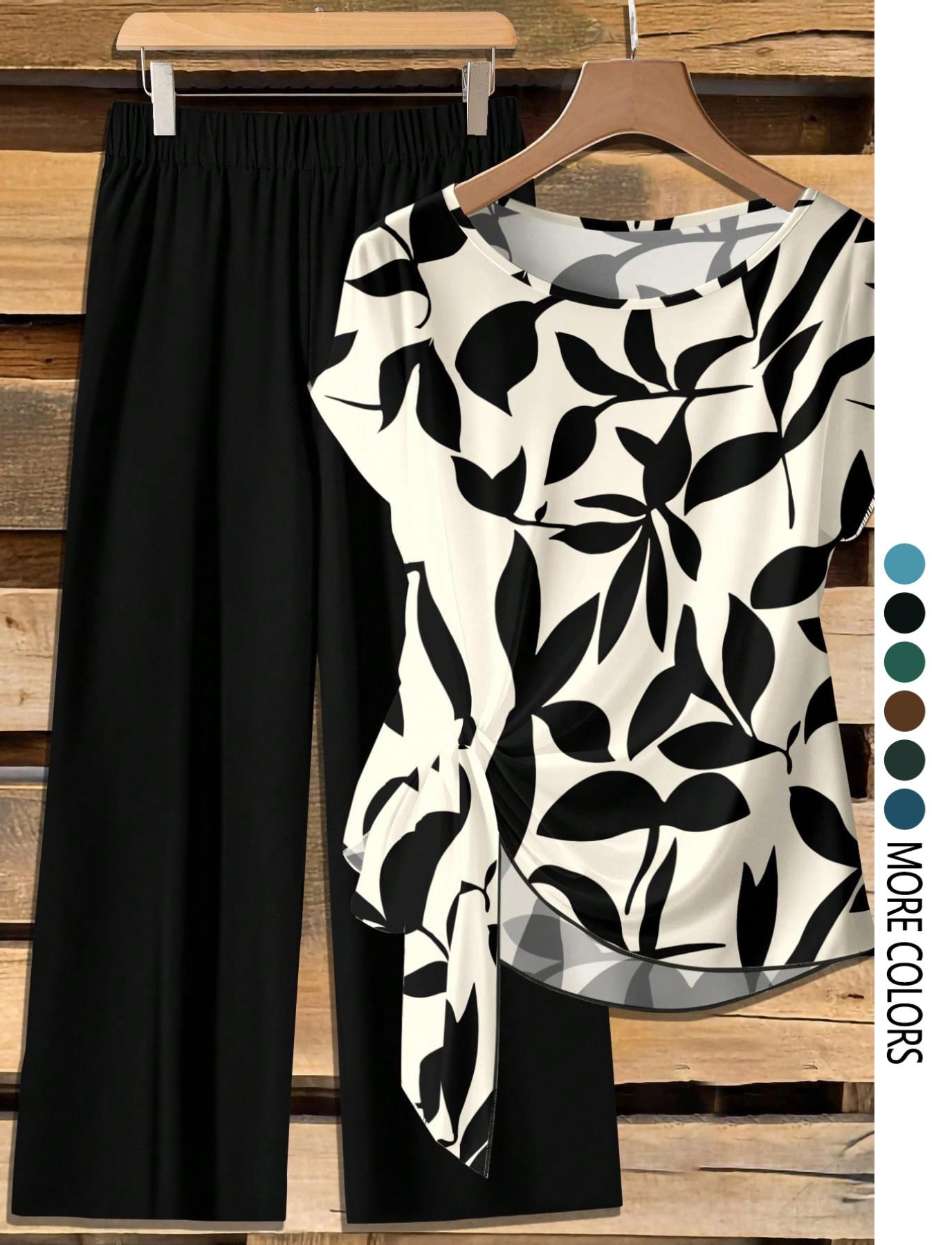 Women's Casual Printed Necktie Shirt and Loose Straight Pants Set, Womenswear, Perfect for Spring and Summer, Comfortable Two-Piece