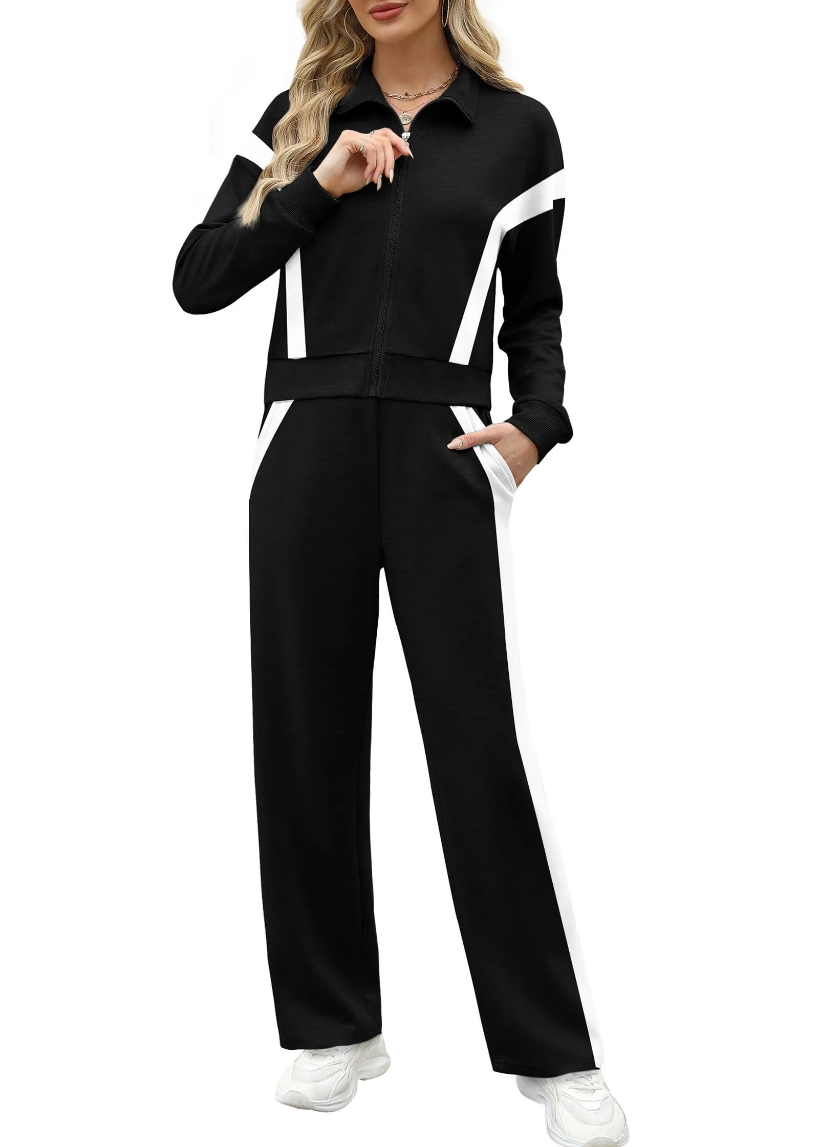 ⏰Hot Sale-Women Sweatsuit 2 Piece Outfits Sweatshirt Wide Leg Sweatpant Tracksuit