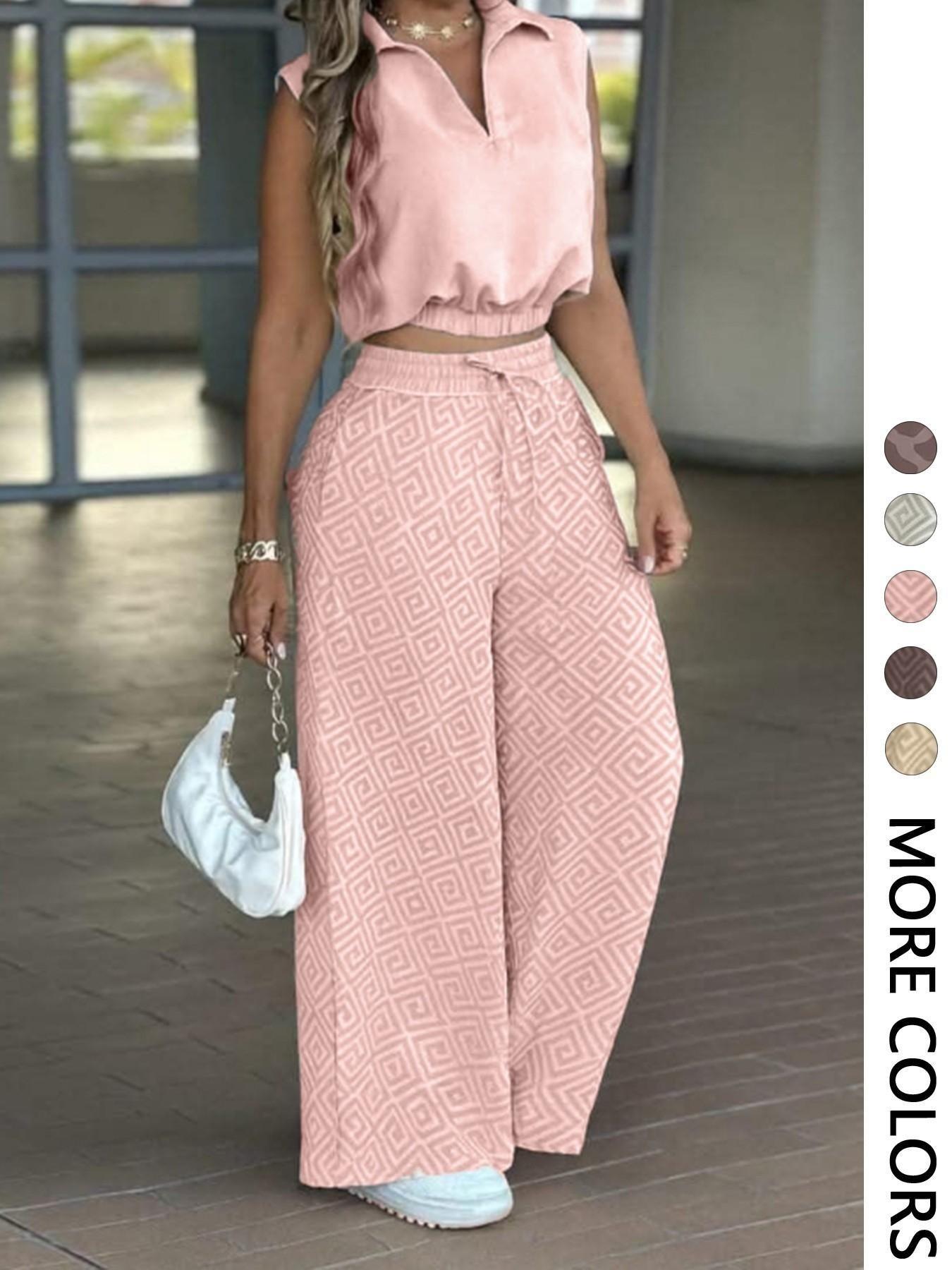 2-Piece Women's Casual Commuter Set, Womenswear Sleeveless Collared Waist-Defined Top with High-Waisted Drawstring Adjustable Wide-Leg Pants