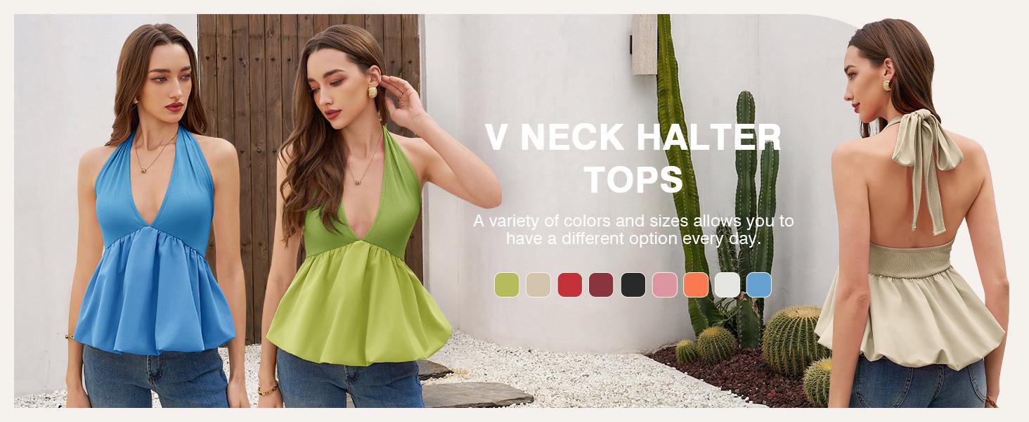 TANKANEO Women's Deep V Neck Halter Tank Top - Lady's Women's Clothes, Sleeveless Tie Back Bubble Hem Chic Going Out Girly Tops, Summer Trendy Casual Y2K Streetwear Blouse TANKANEO Women's Deep V Neck Halter Tank Top - Lady's Women's Clothes, Sleeveless Tie Back Bubble Hem Chic Going Out Girly Tops, Summer Trendy Casual Y2K Streetwear Blouse