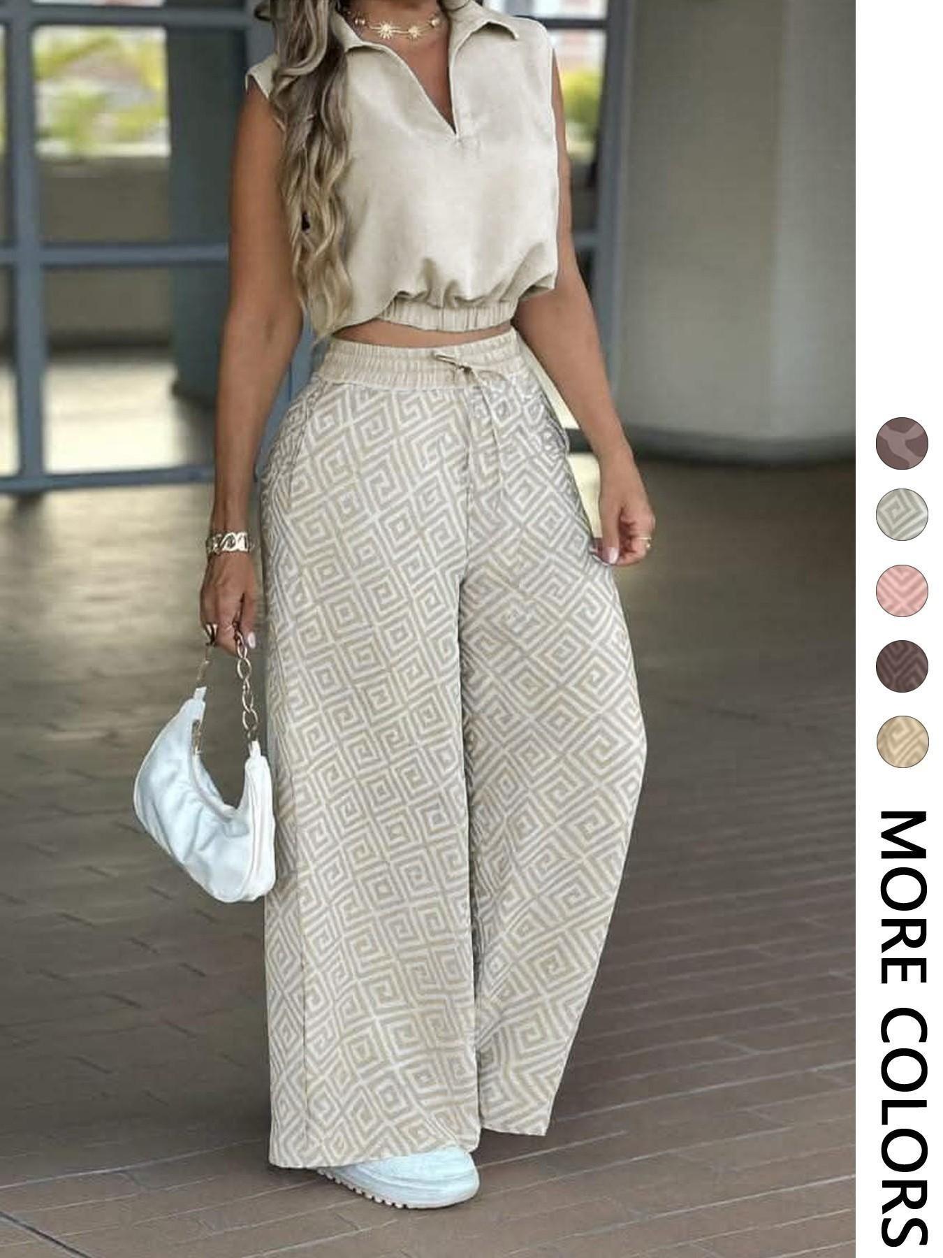 2-Piece Women's Casual Commuter Set, Womenswear Sleeveless Collared Waist-Defined Top with High-Waisted Drawstring Adjustable Wide-Leg Pants