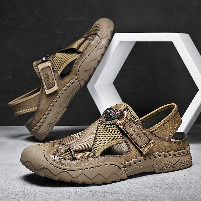 Men's Sandals Leather Durable Non Slip Outdoor Hiking Trekking Sandals Comfy Beach Water Shoes With Hook And Loop Fastener For Spring And Summer(Wide Foot Big Size)-walkjoyful
