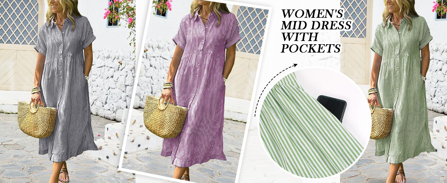 Chouyatou Women's Loose Midi Striped Shirt Dress Bohemian Side Slit Dress with Pockets Office Casual Outfit sundress Summer Breathable bounce dress