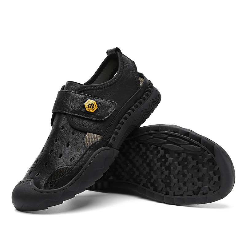 Men's Sandals Leather Durable Non Slip Outdoor Hiking Trekking Sandals Comfy Beach Water Shoes With Hook And Loop Fastener For Spring And Summer(Wide Foot Big Size)-walkjoyful