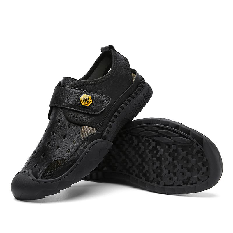 Men's Sandals Leather Durable Non Slip Outdoor Hiking Trekking Sandals Comfy Beach Water Shoes With Hook And Loop Fastener For Spring And Summer(Wide Foot Big Size)-walkjoyful