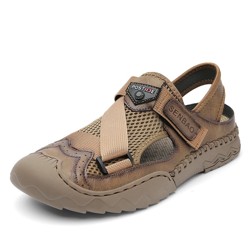 Men's Sandals Leather Durable Non Slip Outdoor Hiking Trekking Sandals Comfy Beach Water Shoes With Hook And Loop Fastener For Spring And Summer(Wide Foot Big Size)-walkjoyful