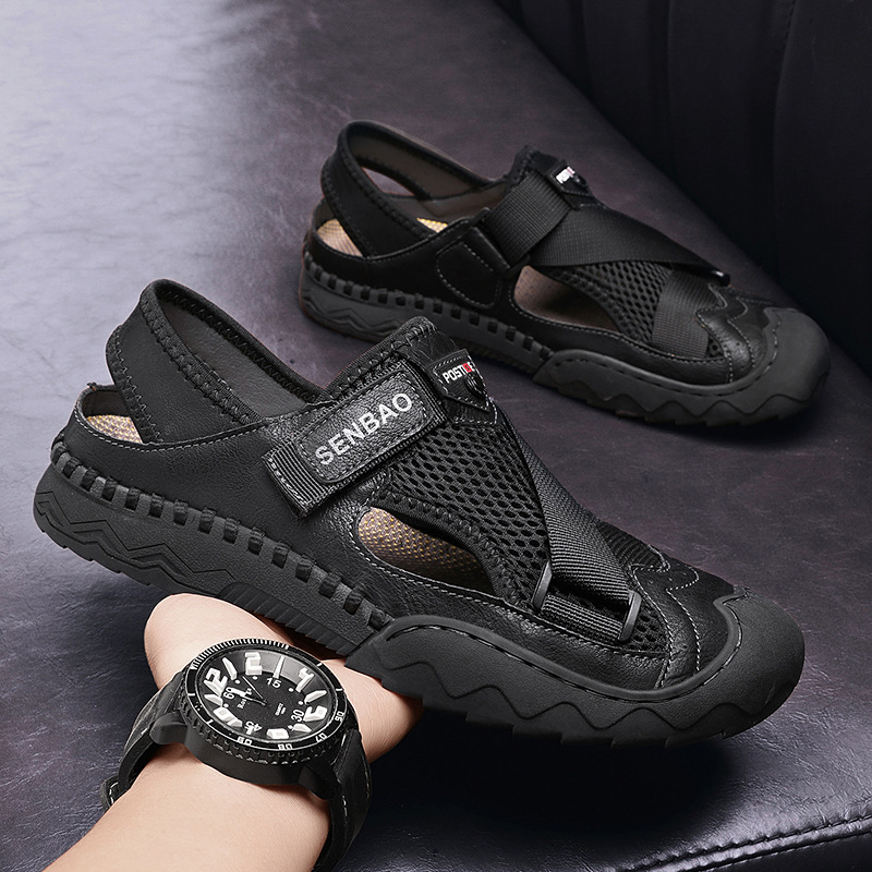 Men's Sandals Leather Durable Non Slip Outdoor Hiking Trekking Sandals Comfy Beach Water Shoes With Hook And Loop Fastener For Spring And Summer(Wide Foot Big Size)-walkjoyful