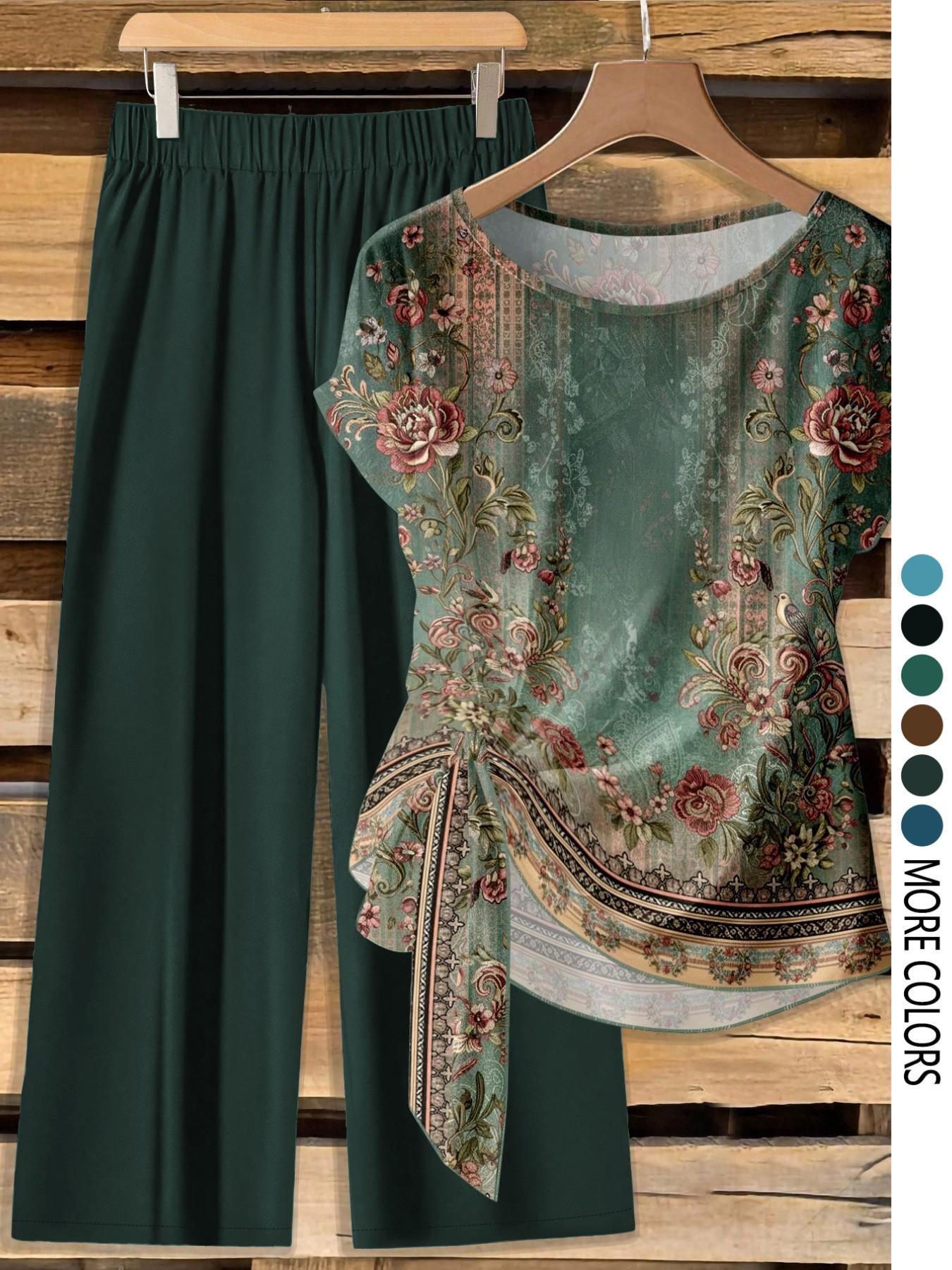 Women's Casual Printed Necktie Shirt and Loose Straight Pants Set, Womenswear, Perfect for Spring and Summer, Comfortable Two-Piece