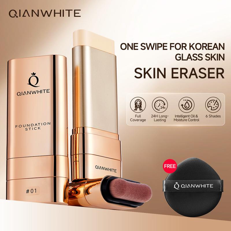 QIANWHITE Luminous Dual-Ended Concealer Foundation Stick with Built-in Brushes Complimentary Puff 24H Long-Lasting Waterproof Sweatproof One-Swipe Even Flawless Base Clear Radiant Skin Foundation Stick