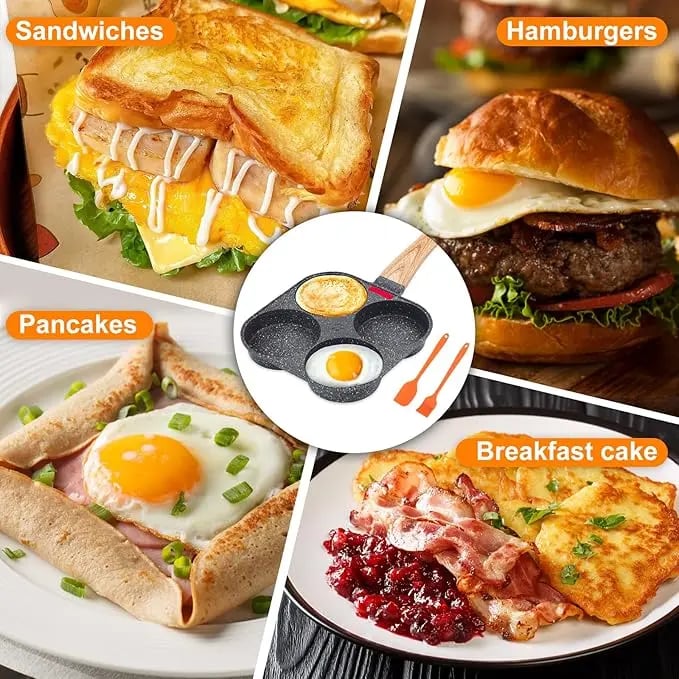 🍳Non-stick Egg Frying Pan, 4 Holes Skillet With Handle, Multifunctional, Wooden Handle Medical Stone Omelet Non-stick Cookware frying pan🍳