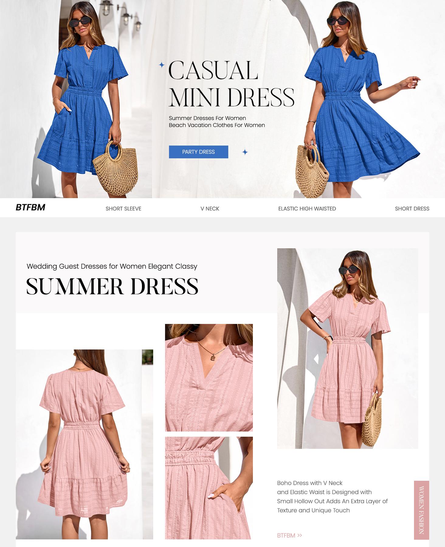 BTFBM Womens Spring 2026 Casual Mini Dresses Lightweight Short Sleeve V Neck Elastic Waist Cute Boho Beach Dress Pockets BTFBM Womens Spring 2026 Casual Mini Dresses Lightweight Short Sleeve V Neck Elastic Waist Cute Boho Beach Dress Pockets