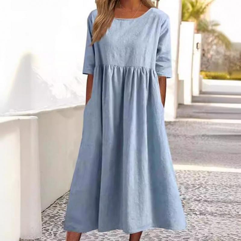 Summer New Casual Short Sleeve Pocket Fold Loose Round Neck Women's Dress Basic Womenswear
