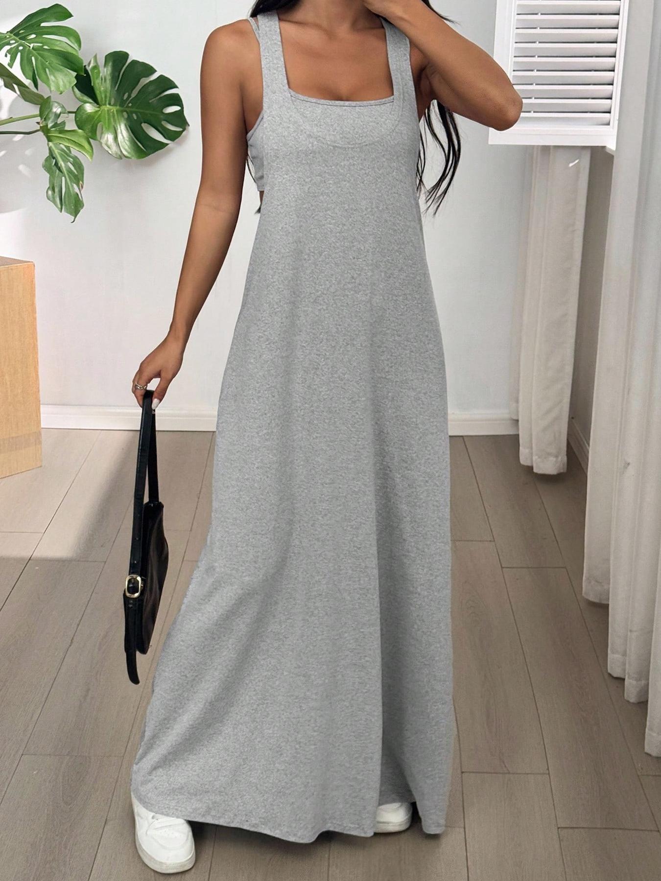 Women's 2pcs Heather solid color Tank Top & Cutout Maxi Dress Set , Soft Stretchy Fabric & Double-Strap Design