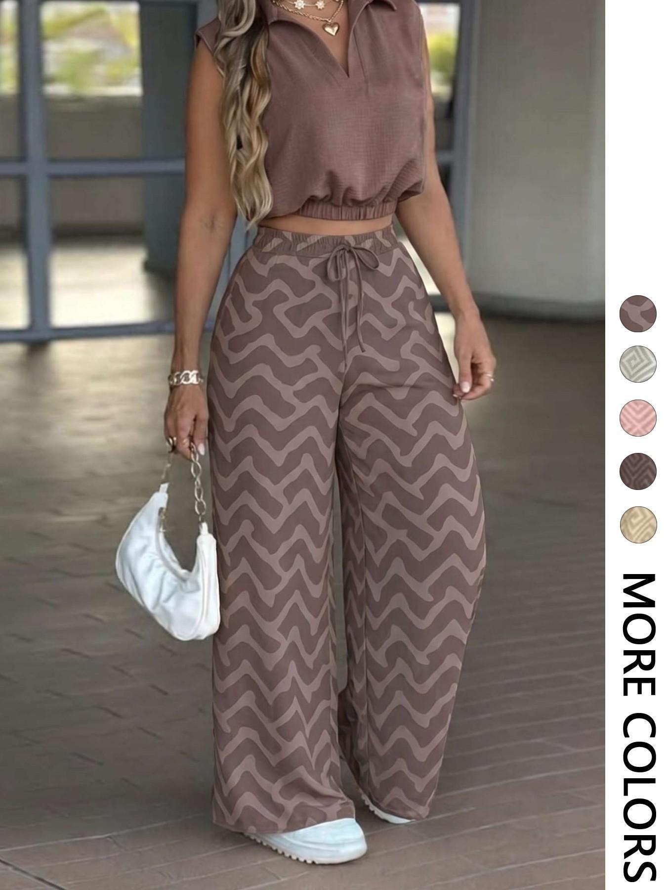 2-Piece Women's Casual Commuter Set, Womenswear Sleeveless Collared Waist-Defined Top with High-Waisted Drawstring Adjustable Wide-Leg Pants