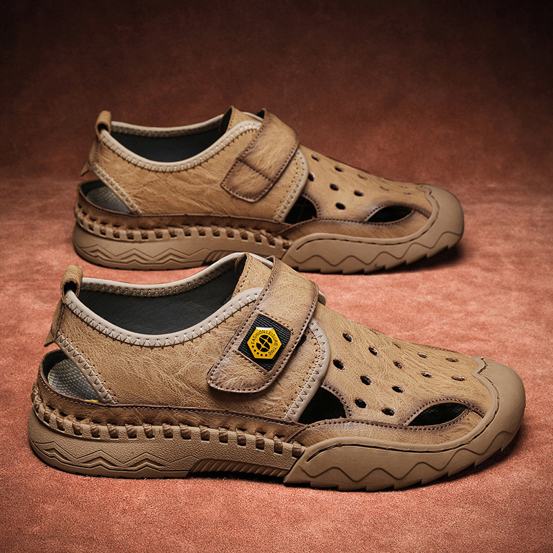 Men's Sandals Leather Durable Non Slip Outdoor Hiking Trekking Sandals Comfy Beach Water Shoes With Hook And Loop Fastener For Spring And Summer(Wide Foot Big Size)-walkjoyful