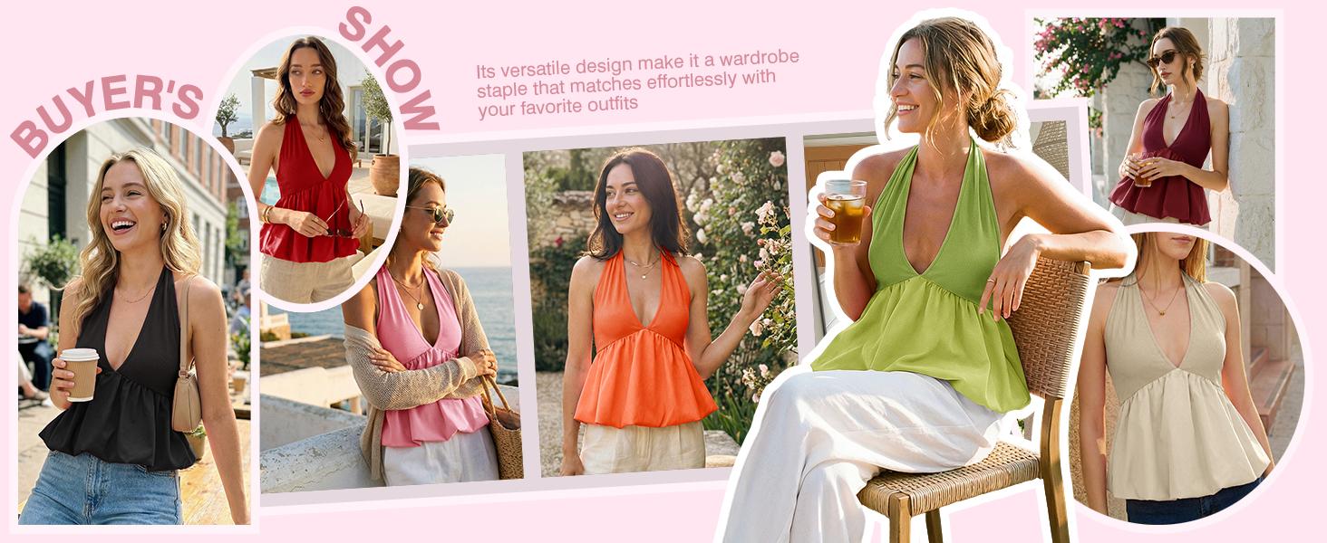 TANKANEO Women's Deep V Neck Halter Tank Top - Lady's Women's Clothes, Sleeveless Tie Back Bubble Hem Chic Going Out Girly Tops, Summer Trendy Casual Y2K Streetwear Blouse TANKANEO Women's Deep V Neck Halter Tank Top - Lady's Women's Clothes, Sleeveless Tie Back Bubble Hem Chic Going Out Girly Tops, Summer Trendy Casual Y2K Streetwear Blouse