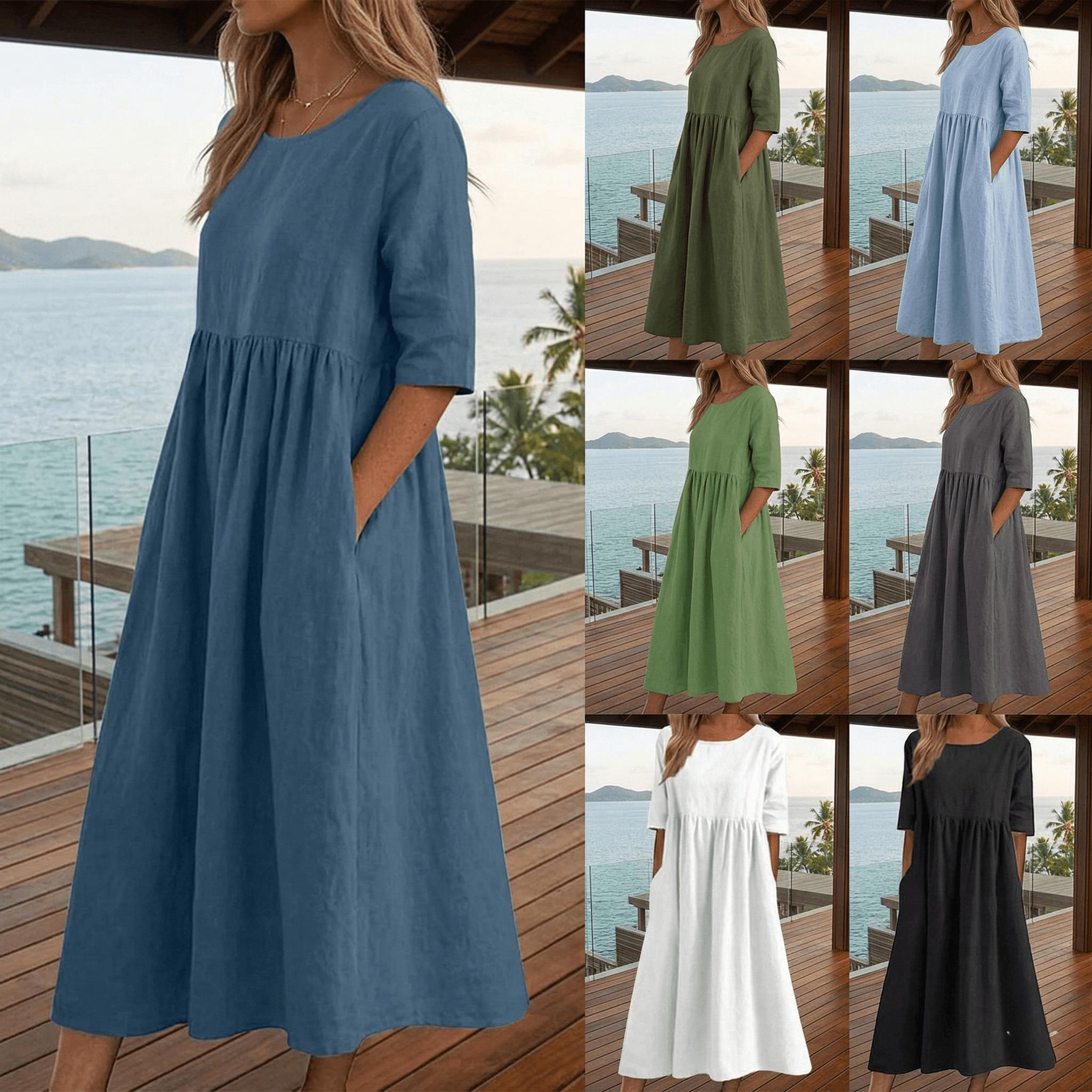 Summer New Casual Short Sleeve Pocket Fold Loose Round Neck Women's Dress Basic Womenswear