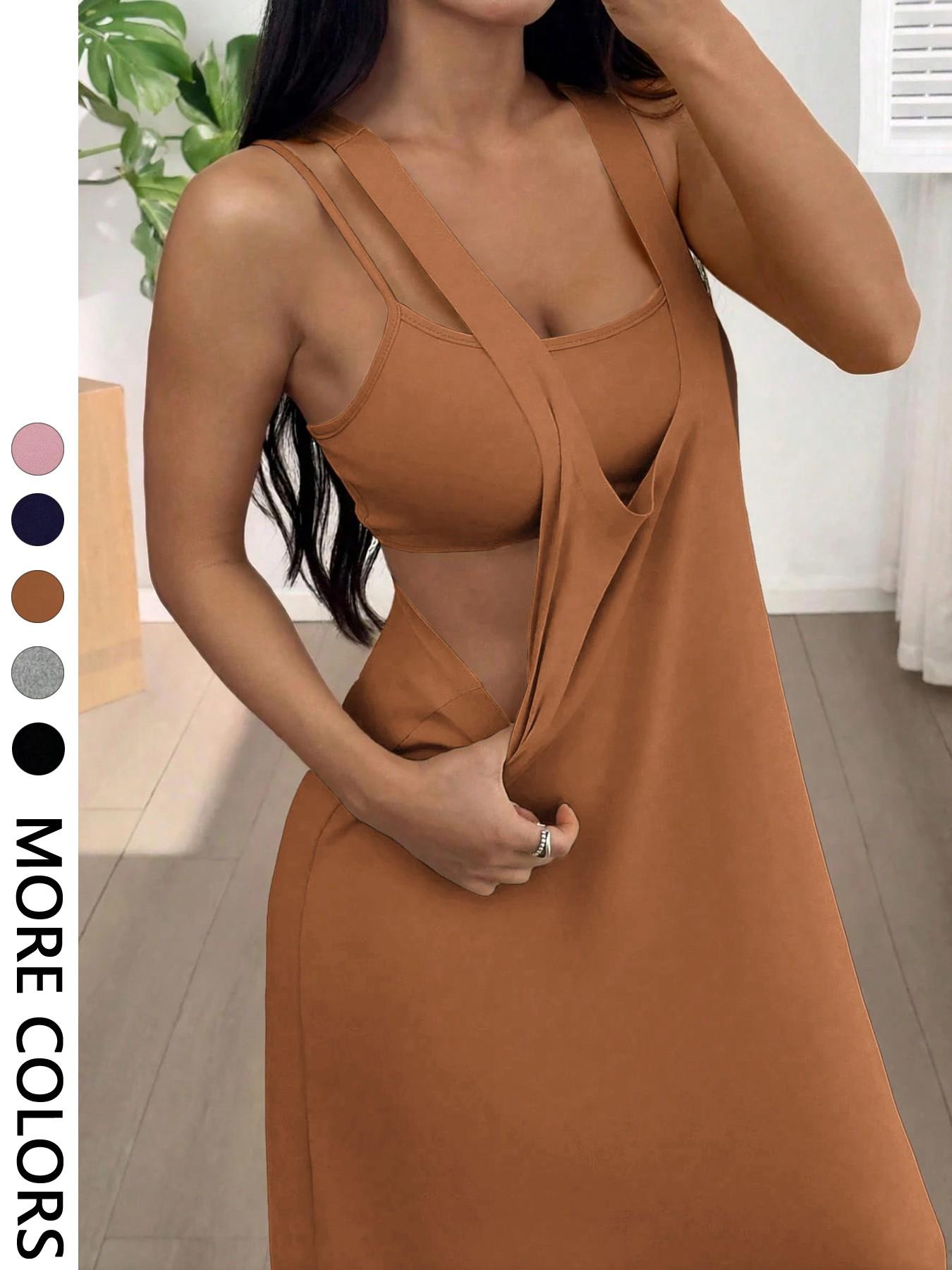 Women's 2pcs Heather solid color Tank Top & Cutout Maxi Dress Set , Soft Stretchy Fabric & Double-Strap Design