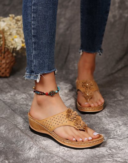 Sandals with Arch Support Anti-Slip wedges Sandal Vintage flower Flip Flop slippers comfortable Casual Wedge Sandals Shoes-walkjoyful