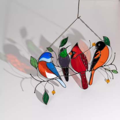 Four Birds on the Branch - Stained Glass Suncatcher