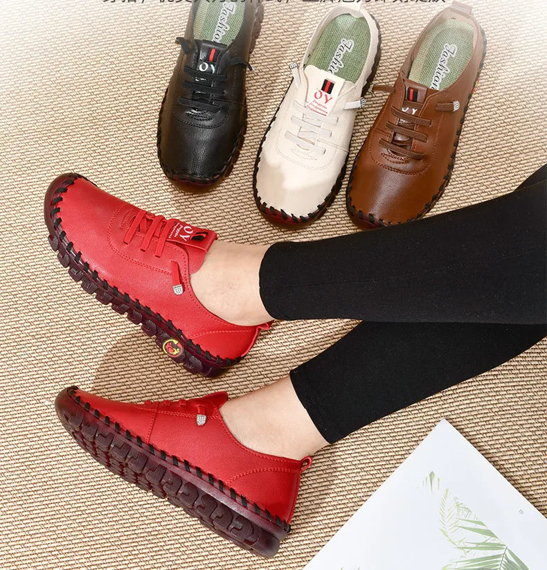 Women Lace Up Leather Handmade Beef Tendon Loafer Shoes-walkjoyful