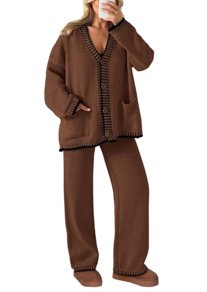 NEW🔥 2026 Women's Cotton Two-Piece Knit Leisure Suit Long Sleeved V Neck Cardigan Sweater Wide Legged Pants Sportswear