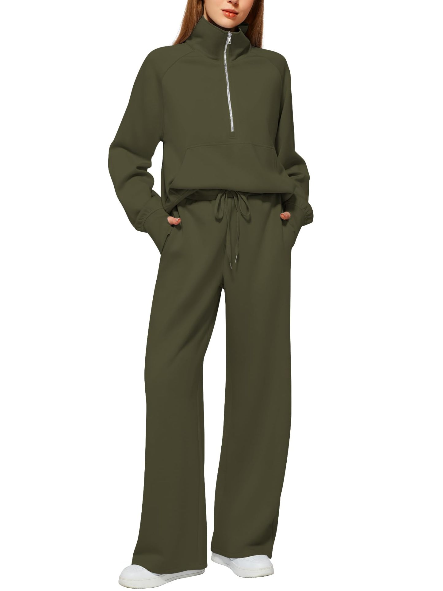 Women's Cotton Two-Piece Oversized Half-Zip Sweatshirt Wide Leg Sweatpants Casual Suit