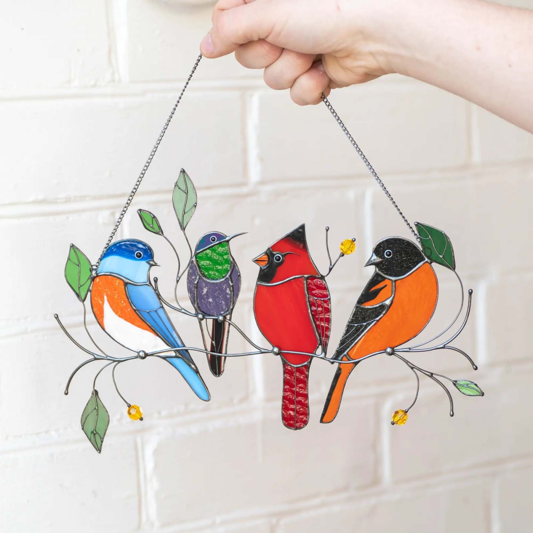 Four Birds on the Branch - Stained Glass Suncatcher