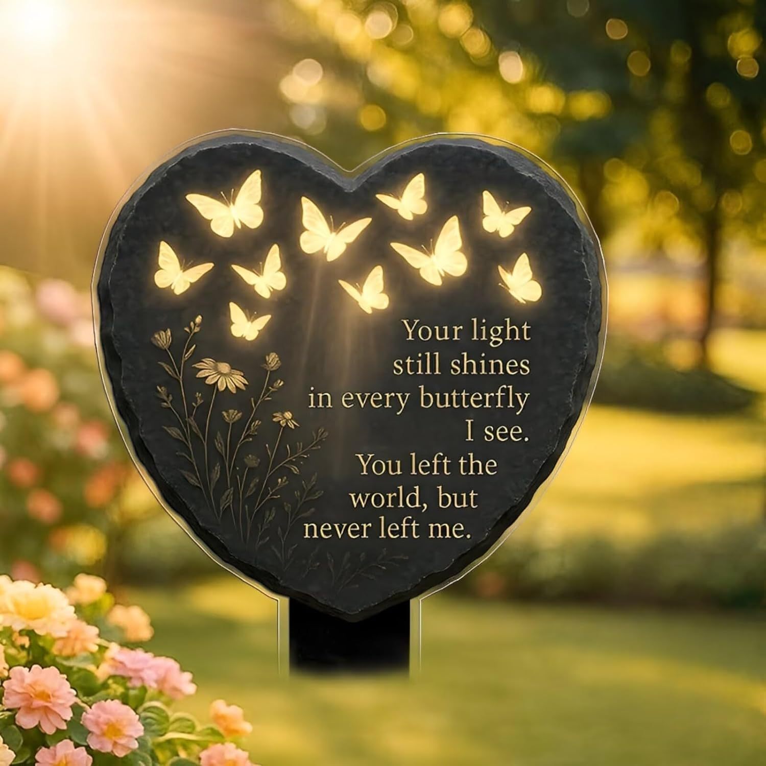 Unique Butterfly Heart-Shaped Floral Acrylic Outdoor Memorial Plaque