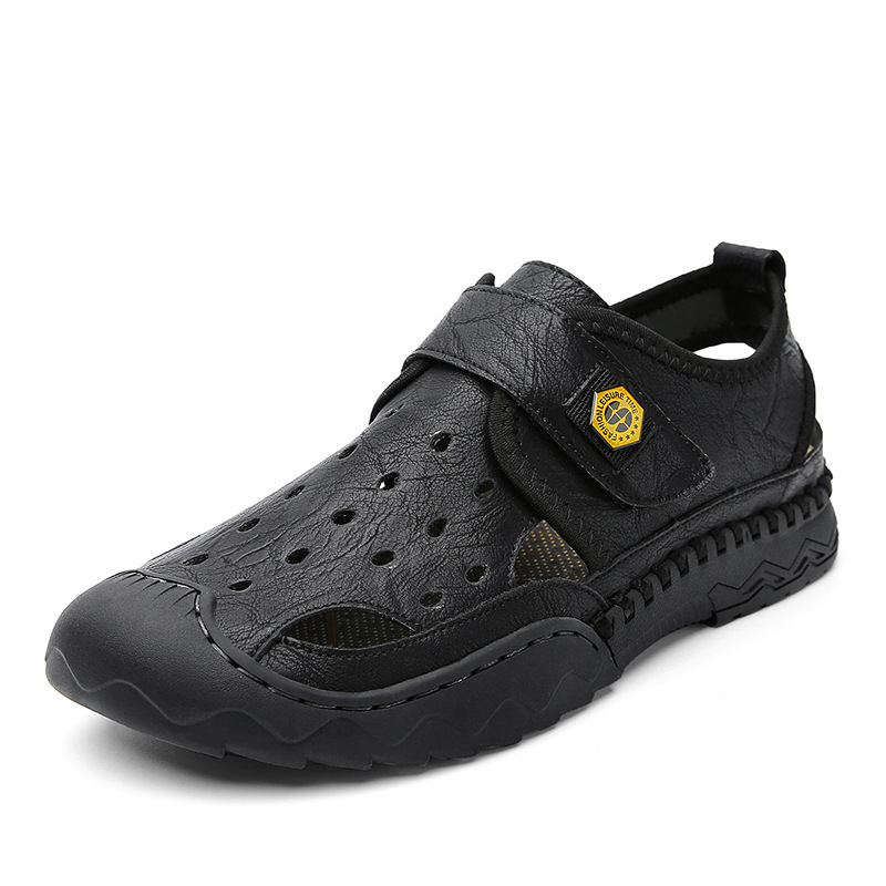 Men's Sandals Leather Durable Non Slip Outdoor Hiking Trekking Sandals Comfy Beach Water Shoes With Hook And Loop Fastener For Spring And Summer(Wide Foot Big Size)-walkjoyful