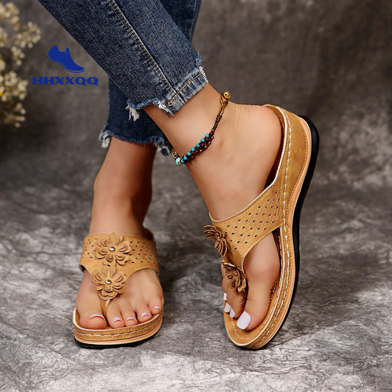 Sandals with Arch Support Anti-Slip wedges Sandal Vintage flower Flip Flop slippers comfortable Casual Wedge Sandals Shoes-walkjoyful