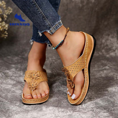 Sandals with Arch Support Anti-Slip wedges Sandal Vintage flower Flip Flop slippers comfortable Casual Wedge Sandals Shoes-walkjoyful