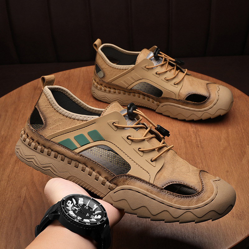 Men's Sandals Leather Durable Non Slip Outdoor Hiking Trekking Sandals Comfy Beach Water Shoes With Hook And Loop Fastener For Spring And Summer(Wide Foot Big Size)-walkjoyful
