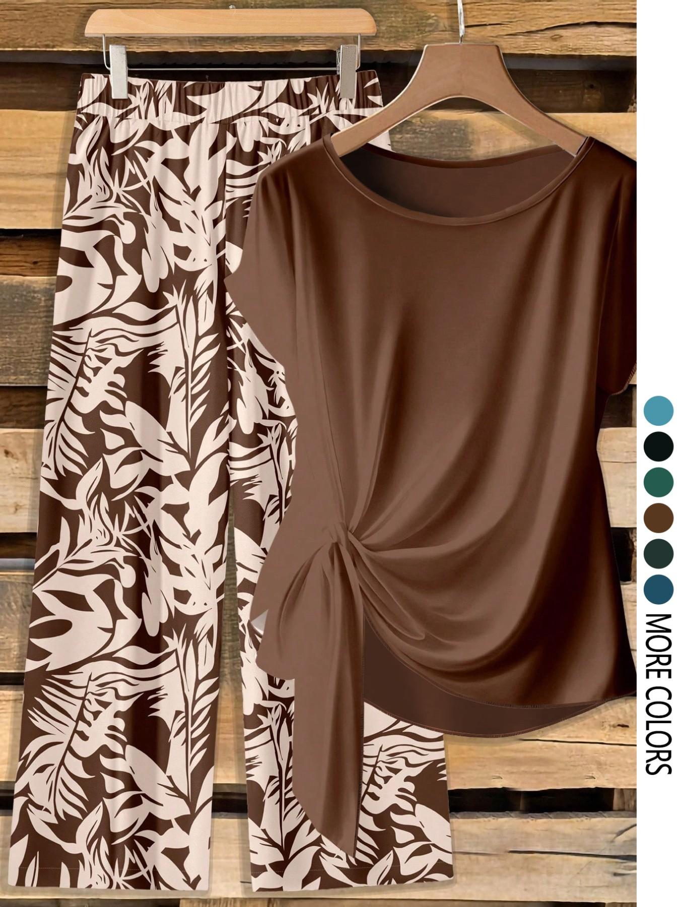 Women's Casual Printed Necktie Shirt and Loose Straight Pants Set, Womenswear, Perfect for Spring and Summer, Comfortable Two-Piece