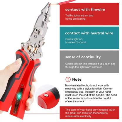 16 in 1 Wire Stripper Twister for Cutting and Pulling Wires,Cable Scissors,Voltage Tester Pliers, 12V to 250V Live,Null,Hot Wire Judgment AC DC, Audible and Flashing LED Alarms
