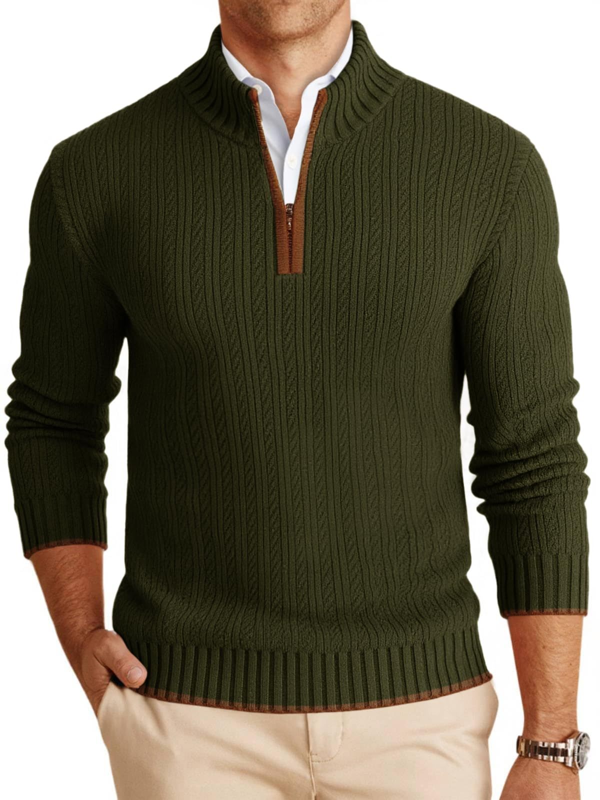 Mens Quarter-Zip Pullover Sweater Casual Mock Neck Knitted Winter Warm Ribbed Polo Sweaters