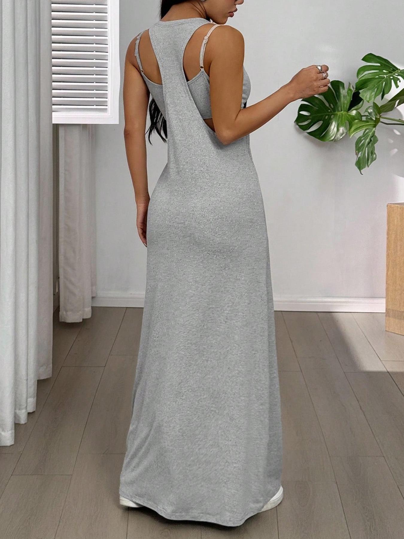 Women's 2pcs Heather solid color Tank Top & Cutout Maxi Dress Set , Soft Stretchy Fabric & Double-Strap Design