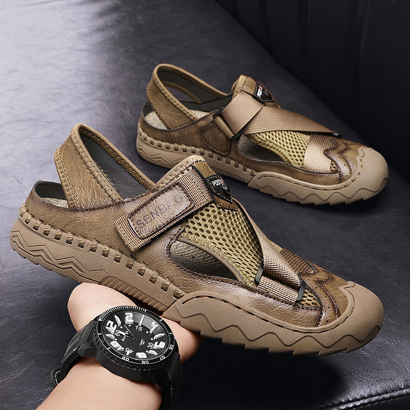 Men's Sandals Leather Durable Non Slip Outdoor Hiking Trekking Sandals Comfy Beach Water Shoes With Hook And Loop Fastener For Spring And Summer(Wide Foot Big Size)-walkjoyful