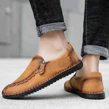 🔥Hot Sale🎉 Men Hand Stitching Vintage Casual Comfy Leather Soft Sole Zipper Slip On Loafers-walkjoyful