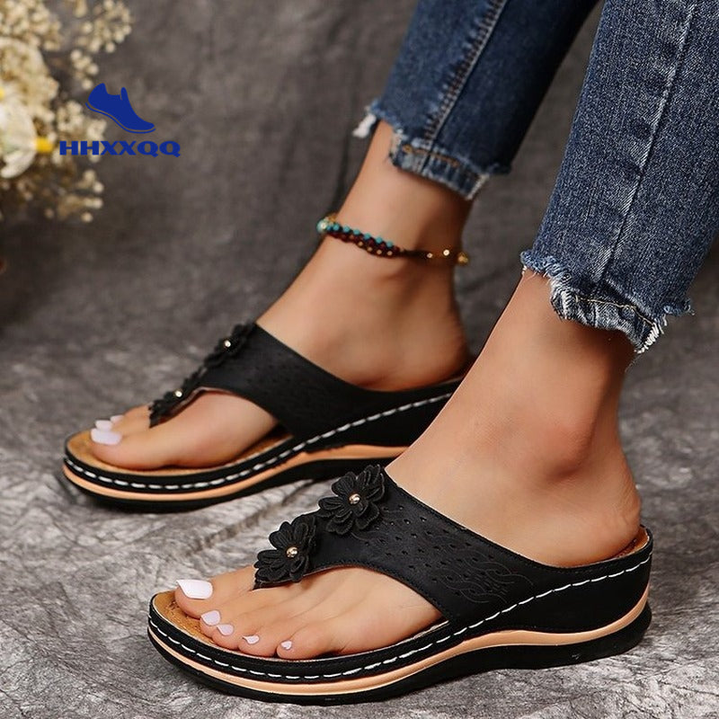 Sandals with Arch Support Anti-Slip wedges Sandal Vintage flower Flip Flop slippers comfortable Casual Wedge Sandals Shoes-walkjoyful