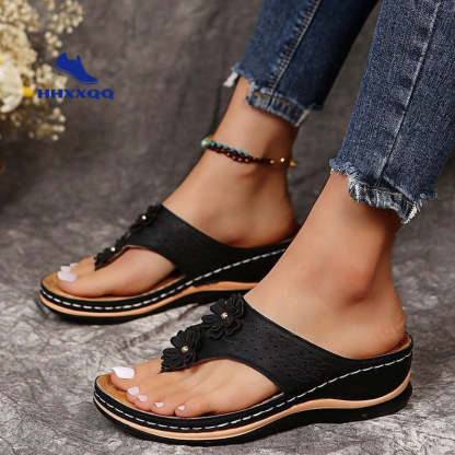 Sandals with Arch Support Anti-Slip wedges Sandal Vintage flower Flip Flop slippers comfortable Casual Wedge Sandals Shoes-walkjoyful