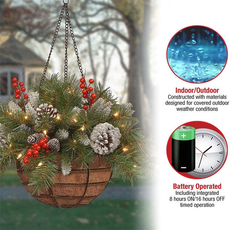 🎄 lit Artificial Christmas Hanging Basket - Flocked with Mixed Decorations and White LED Lights - Frosted Berry