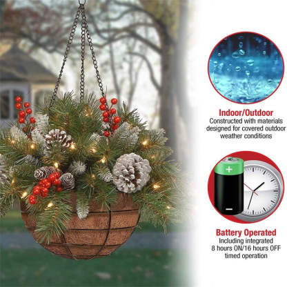 🎄 lit Artificial Christmas Hanging Basket - Flocked with Mixed Decorations and White LED Lights - Frosted Berry