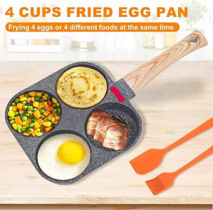 🍳Non-stick Egg Frying Pan, 4 Holes Skillet With Handle, Multifunctional, Wooden Handle Medical Stone Omelet Non-stick Cookware frying pan🍳