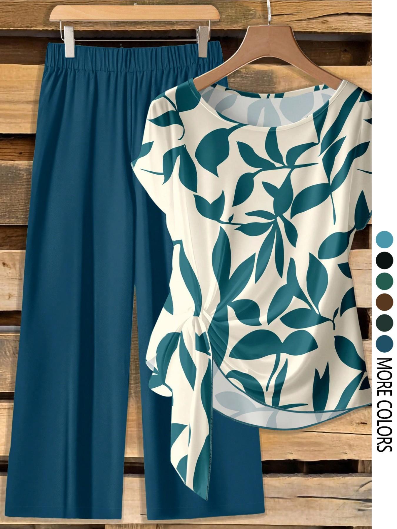 Women's Casual Printed Necktie Shirt and Loose Straight Pants Set, Womenswear, Perfect for Spring and Summer, Comfortable Two-Piece