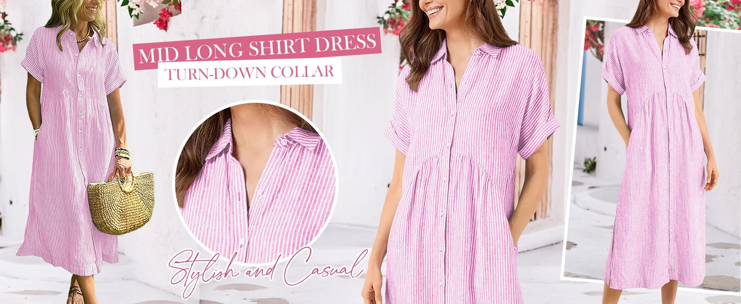 Chouyatou Women's Loose Midi Striped Shirt Dress Bohemian Side Slit Dress with Pockets Office Casual Outfit sundress Summer Breathable bounce dress