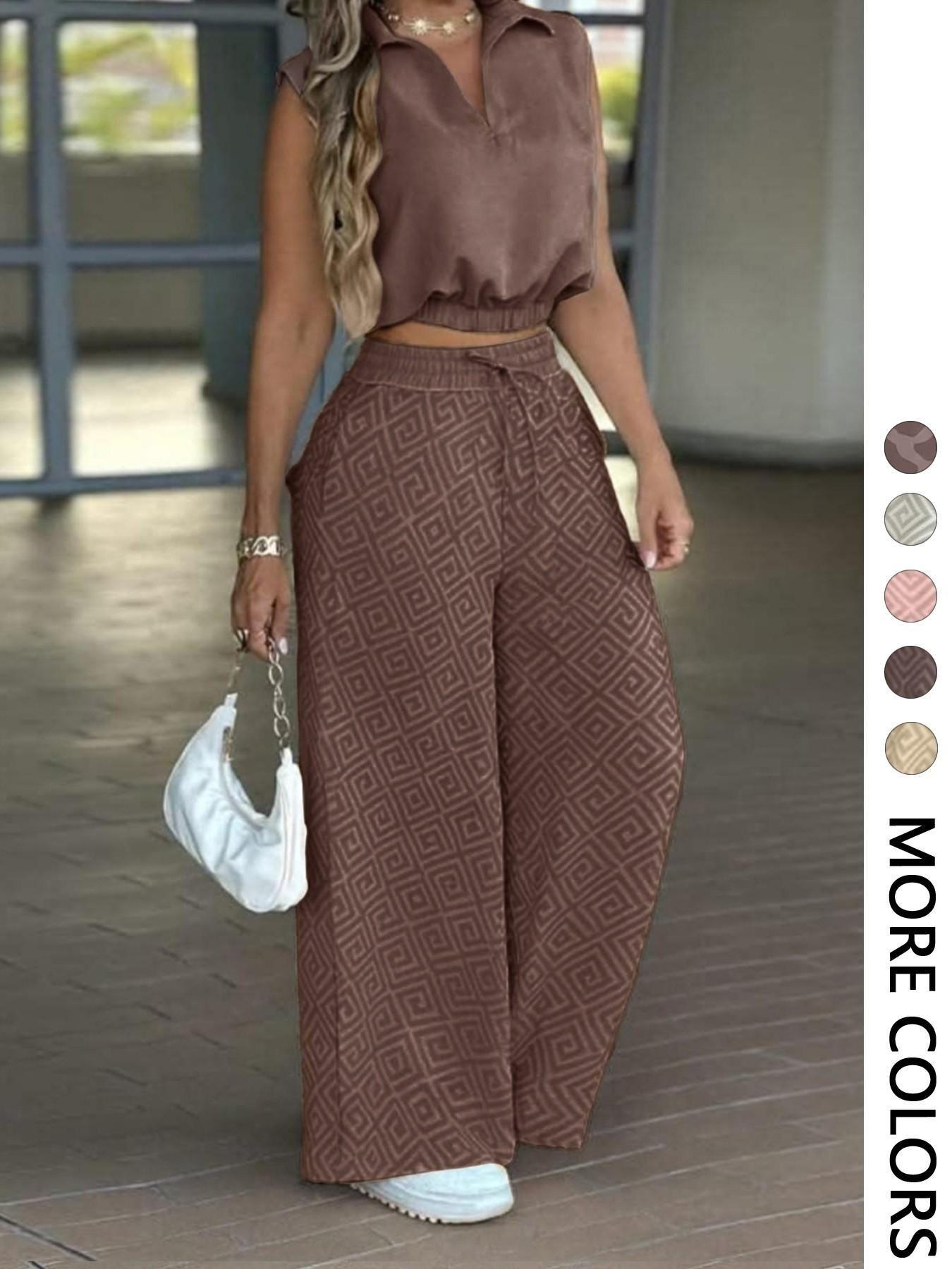 2-Piece Women's Casual Commuter Set, Womenswear Sleeveless Collared Waist-Defined Top with High-Waisted Drawstring Adjustable Wide-Leg Pants
