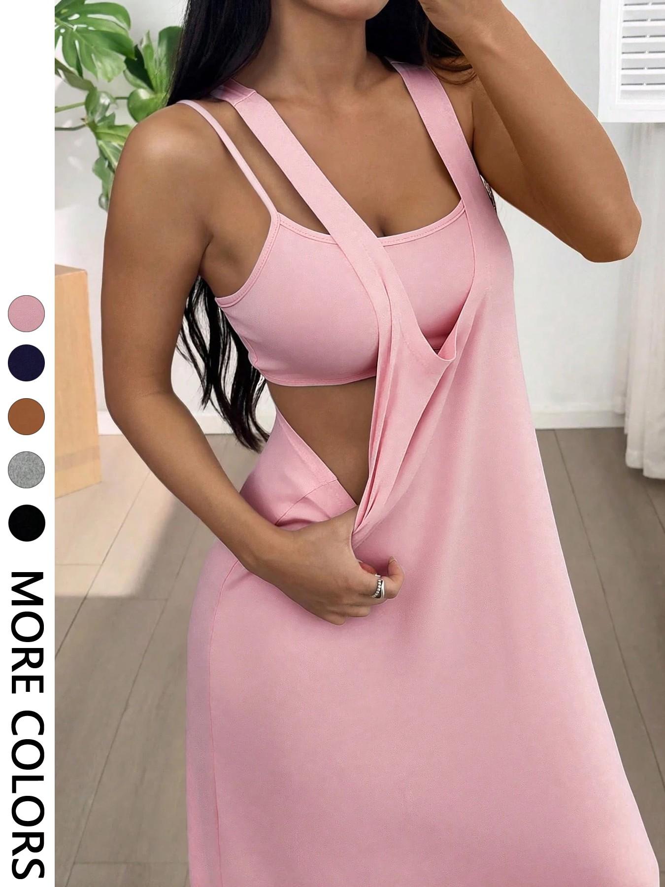 Women's 2pcs Heather solid color Tank Top & Cutout Maxi Dress Set , Soft Stretchy Fabric & Double-Strap Design